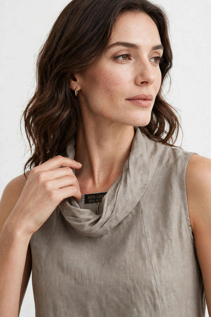 Vestido Midi 100% Lino Italiano Taupe – Cuello Drapeado Cowl Neck – Hecho en Italia – Preloved Auténtico – Talla M/L