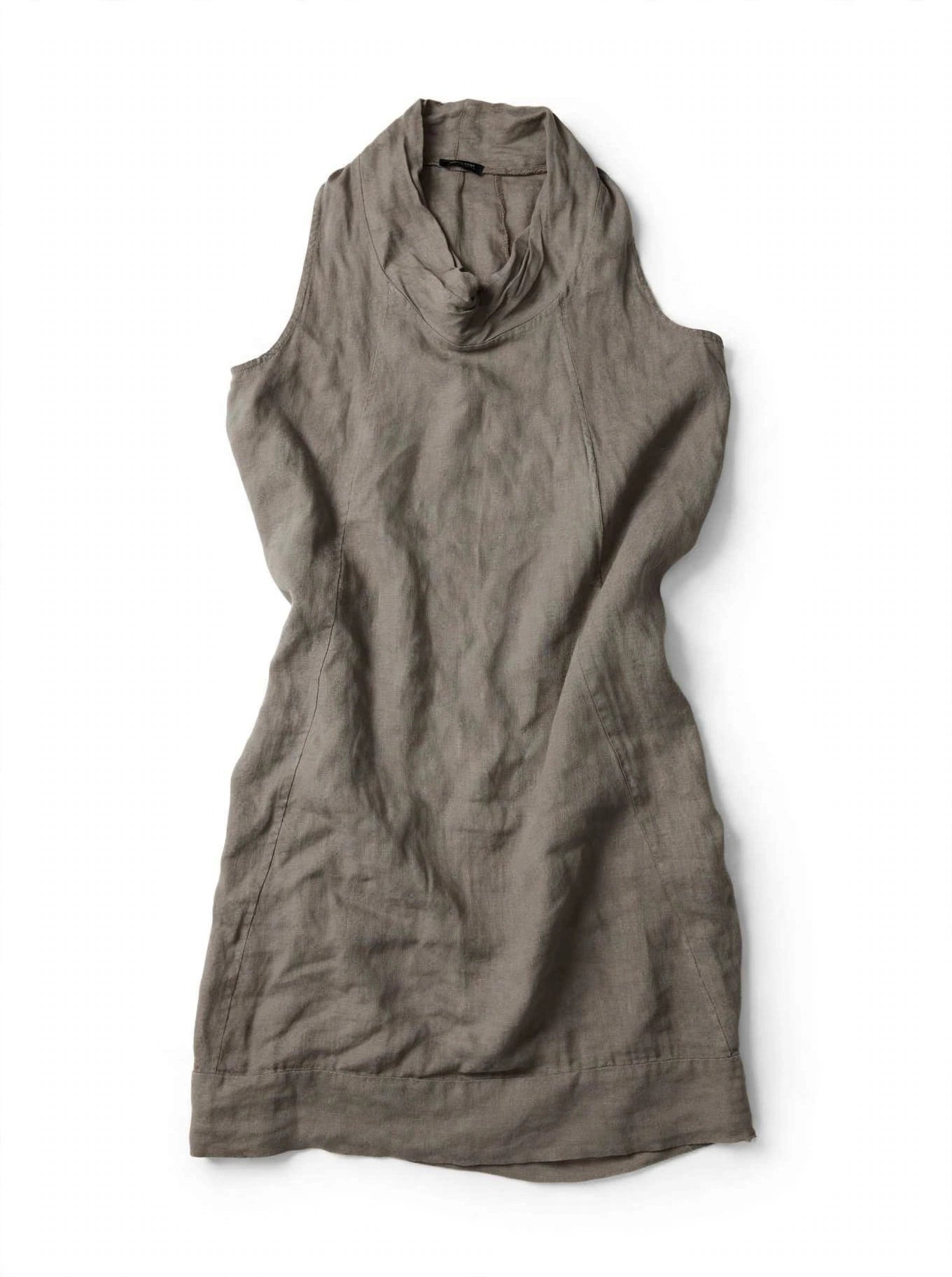 Vestido Midi 100% Lino Italiano Taupe – Cuello Drapeado Cowl Neck – Hecho en Italia – Preloved Auténtico – Talla M/L