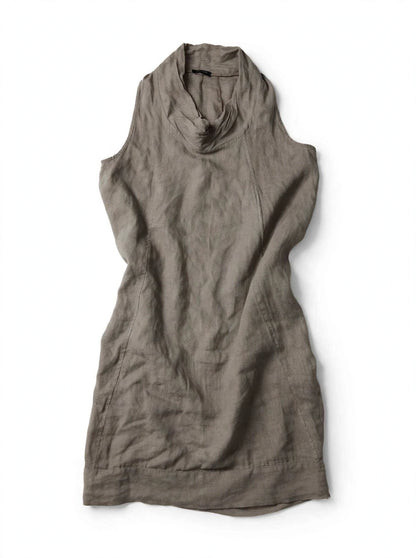 Vestido Midi 100% Lino Italiano Taupe – Cuello Drapeado Cowl Neck – Hecho en Italia – Preloved Auténtico – Talla M/L