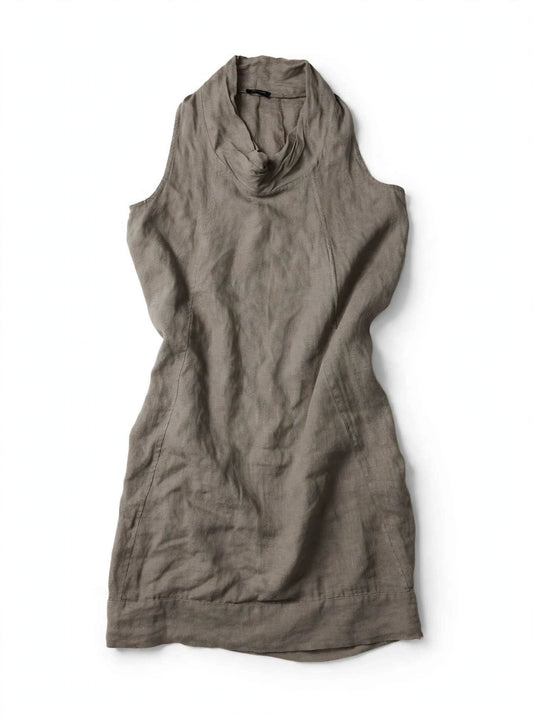 Vestido Midi 100% Lino Italiano Taupe – Cuello Drapeado Cowl Neck – Hecho en Italia – Preloved Auténtico – Talla M/L