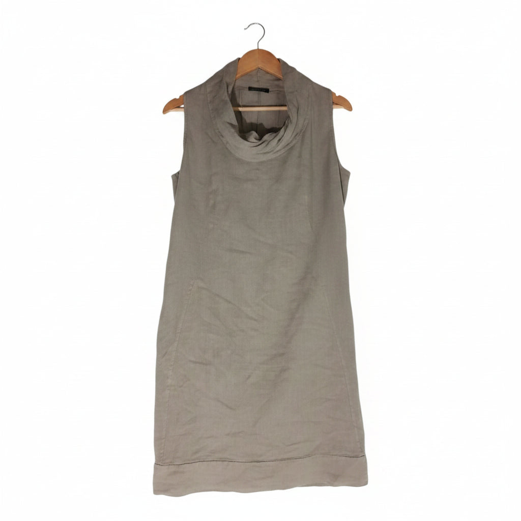 Vestido Midi 100% Lino Italiano Taupe – Cuello Drapeado Cowl Neck – Hecho en Italia – Preloved Auténtico – Talla M/L