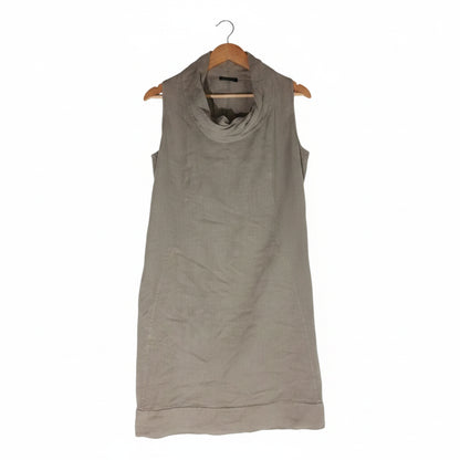 Vestido Midi 100% Lino Italiano Taupe – Cuello Drapeado Cowl Neck – Hecho en Italia – Preloved Auténtico – Talla M/L