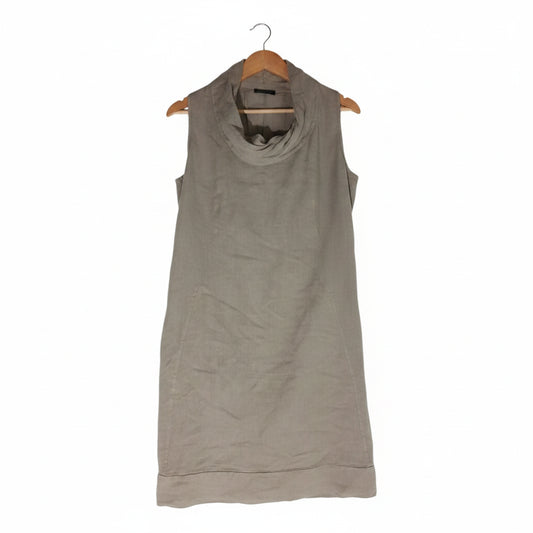 Vestido Midi 100% Lino Italiano Taupe – Cuello Drapeado Cowl Neck – Hecho en Italia – Preloved Auténtico – Talla M/L