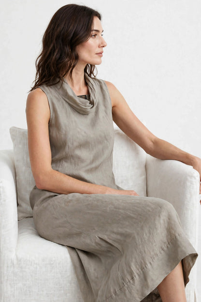 Vestido Midi 100% Lino Italiano Taupe – Cuello Drapeado Cowl Neck – Hecho en Italia – Preloved Auténtico – Talla M/L