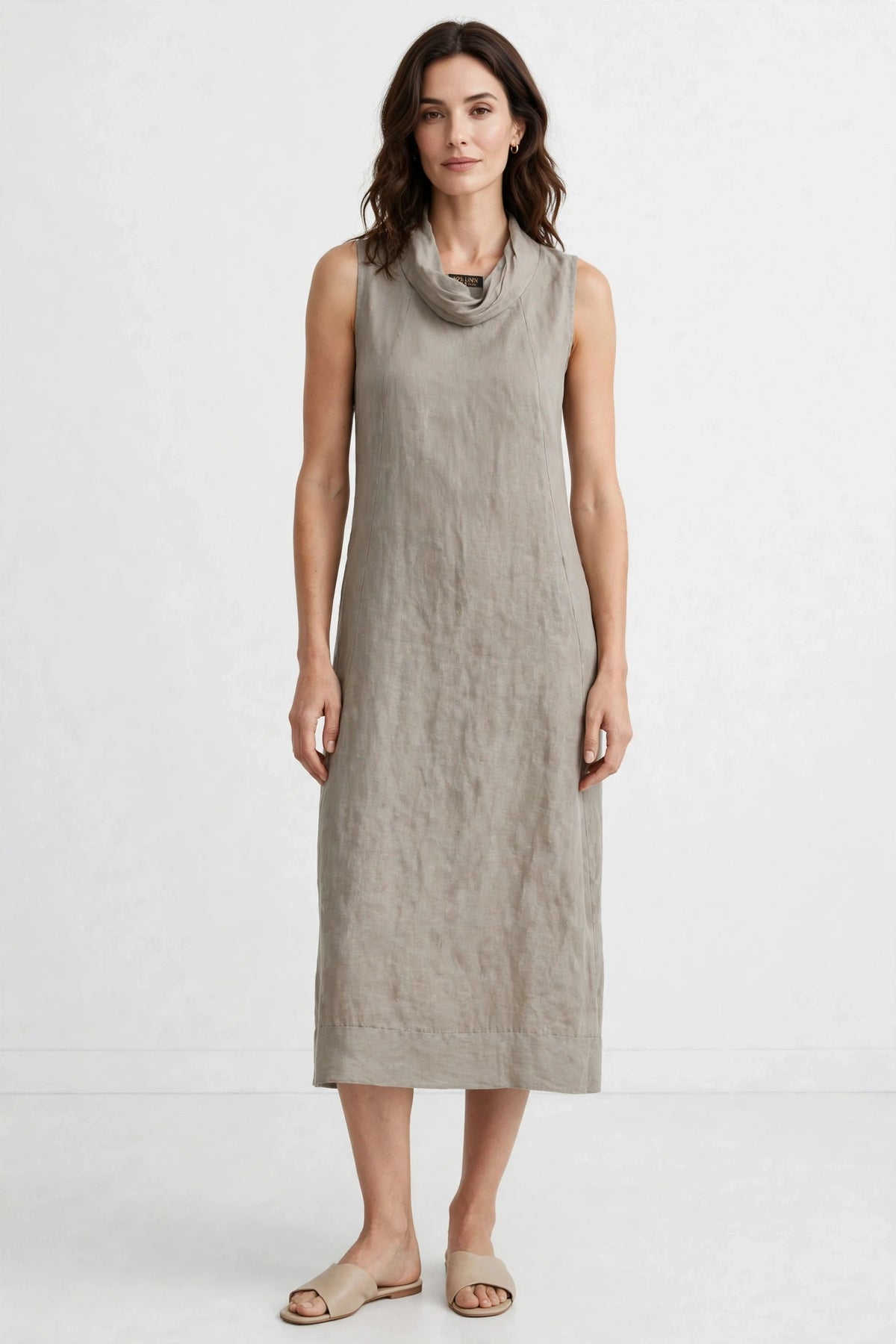 Vestido Midi 100% Lino Italiano Taupe – Cuello Drapeado Cowl Neck – Hecho en Italia – Preloved Auténtico – Talla M/L