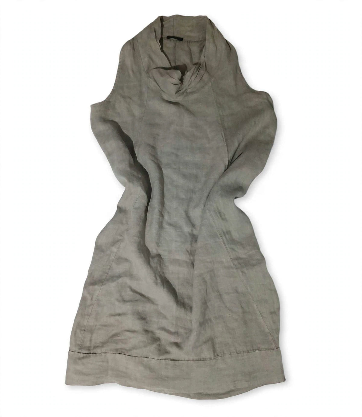 Vestido Midi 100% Lino Italiano Taupe – Cuello Drapeado Cowl Neck – Hecho en Italia – Preloved Auténtico – Talla M/L