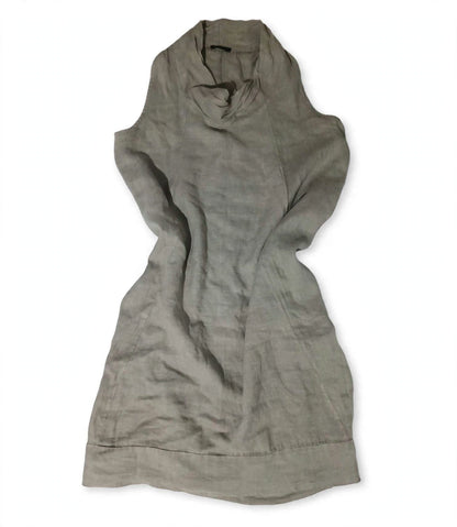 Vestido Midi 100% Lino Italiano Taupe – Cuello Drapeado Cowl Neck – Hecho en Italia – Preloved Auténtico – Talla M/L