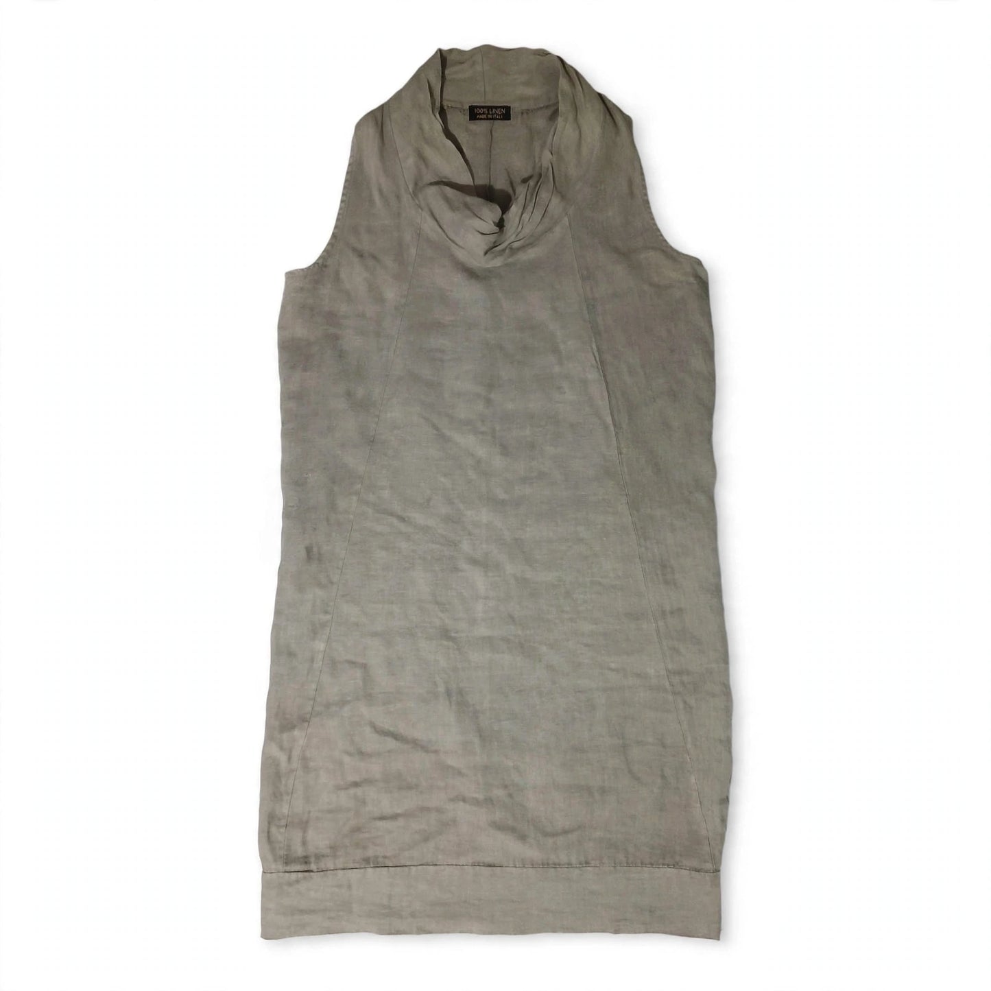 Vestido Midi 100% Lino Italiano Taupe – Cuello Drapeado Cowl Neck – Hecho en Italia – Preloved Auténtico – Talla M/L