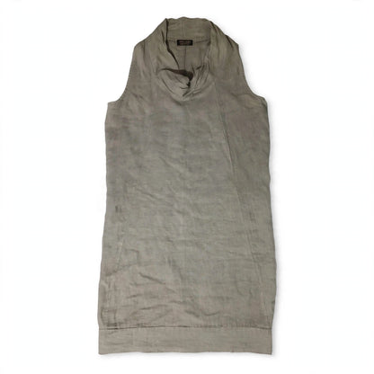 Vestido Midi 100% Lino Italiano Taupe – Cuello Drapeado Cowl Neck – Hecho en Italia – Preloved Auténtico – Talla M/L